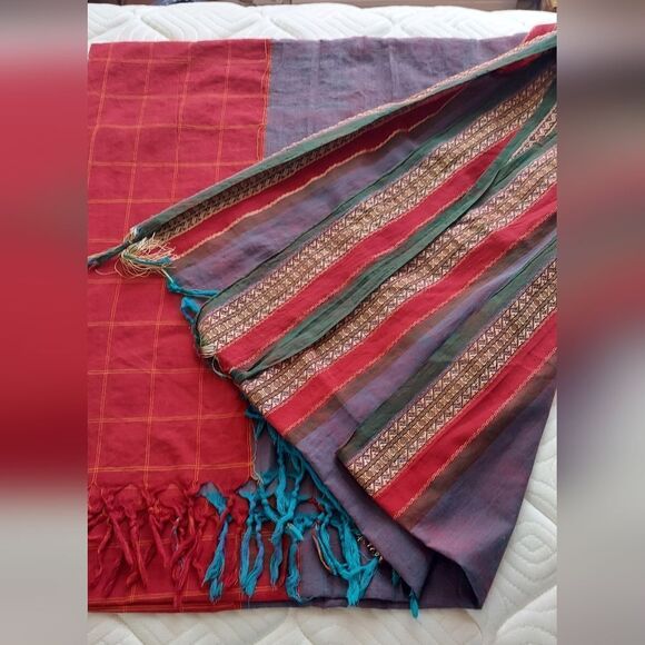 Large Shawl Wrap Deep Rich Colors Gold Trim 7 ft long - Picture 6 of 9